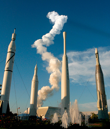 The Space Shuttle Atlantis launch as viewed from the Rocket Garden at the Kennedy Space Center Visitors' Complex.